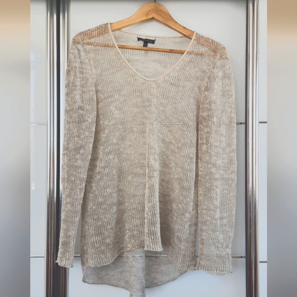 Eileen Fisher mesh,oatmeal,woven, knit sweater. Great for layering
